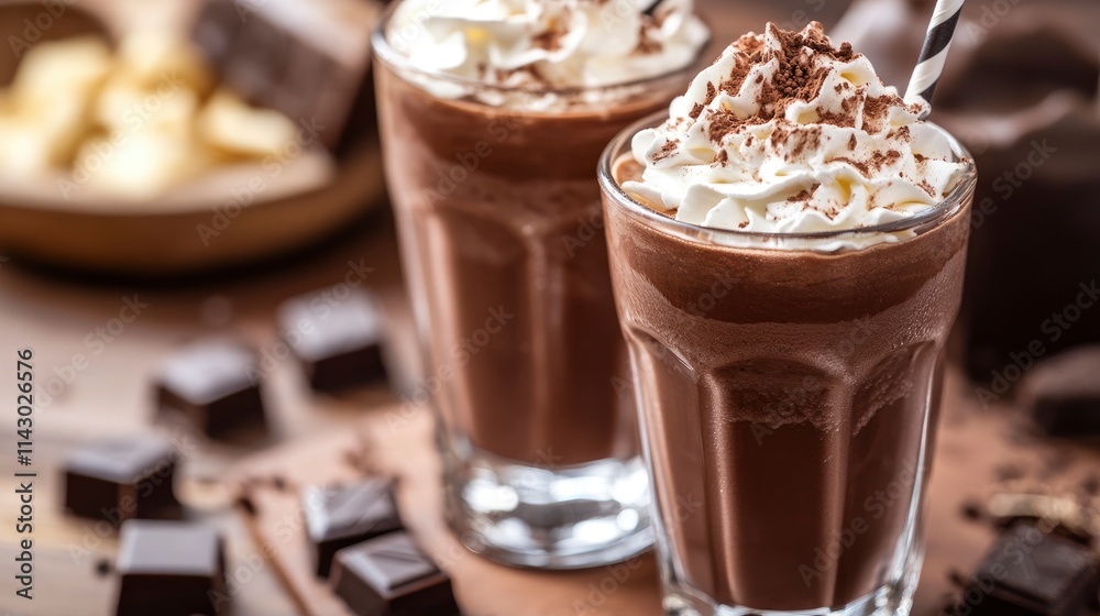 Chocolate milkshake with whipped cream served in glass on table. Chocolate milkshake with whipped cream served in glass on table.