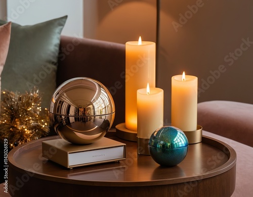 Elegant tabletop arrangement featuring candles and decorative items in soft hues. photo