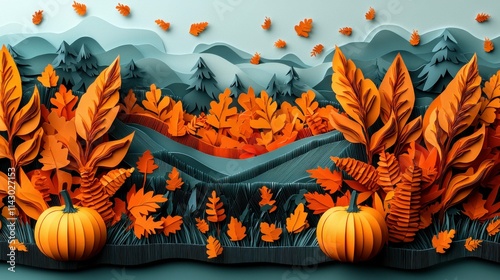 A vibrant 3D paper art depiction of an autumn landscape with colorful leaves and pumpkins, showcasing intricate details in orange and green hues.