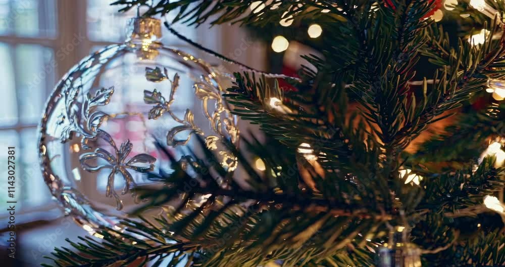 Close-Up of Christmas Tree Branches with Glass Ornaments and Twinkling Lights Creating a Warm and Festive Holiday Atmosphere