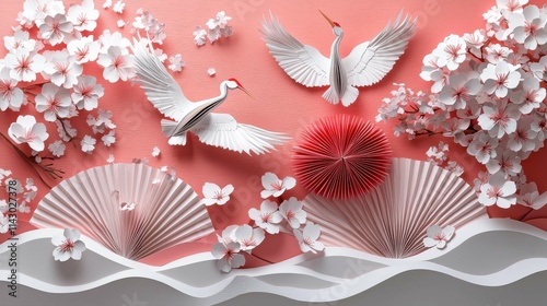 A colorful 3D paper art scene featuring cranes, cherry blossoms, and fans on a pink background, showcasing Asian-inspired design and floral elements.