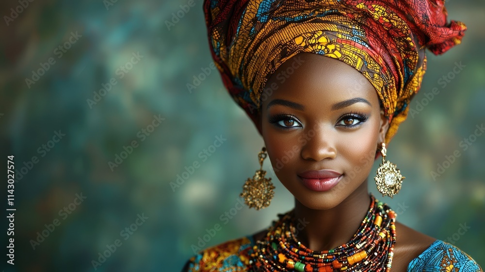 Fototapeta premium African woman in traditional attire with colorful headwrap and jewelry, smiling, young adult
