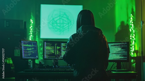 Female hacker working late at night in front of multiple computer screens displaying code.