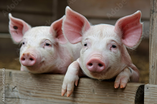 Curious pigs peek over wooden barrier in rustic farm setting