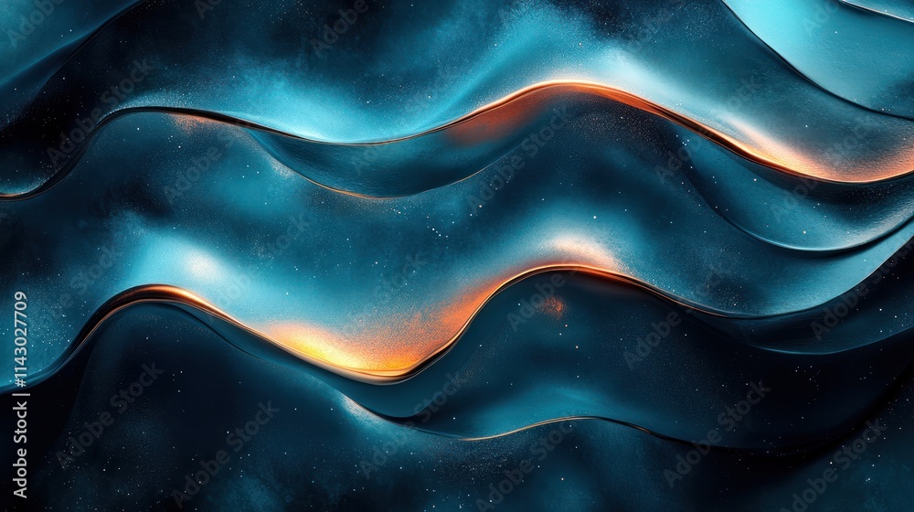 Abstract cosmic waves with teal, orange, and dark blue hues, glowing and shimmering. Abstract cosmic waves with teal, orange, and dark blue hues, glowing and shimmering.