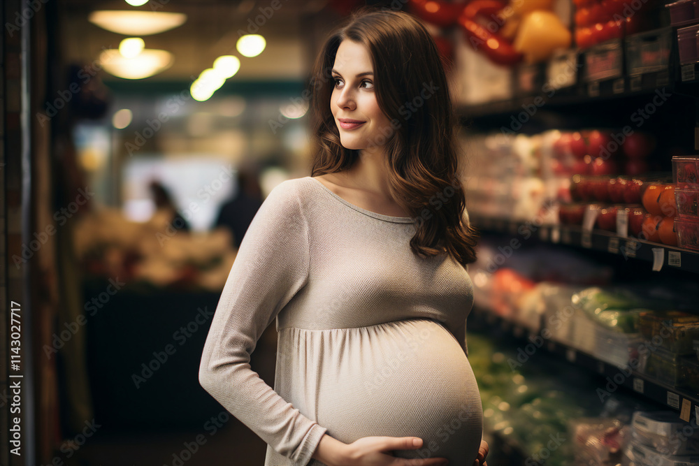 Portrait of smiling happy customer in grocery market choose products made with generative AI Portrait of smiling happy customer in grocery market choose products made with generative AI