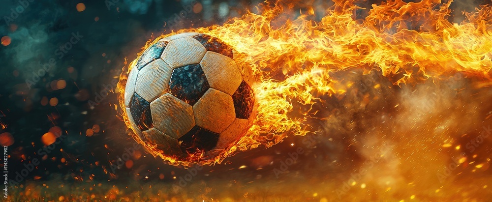 Fototapeta premium Flaming soccer ball in motion with fiery trail on dark background capturing dynamic energy