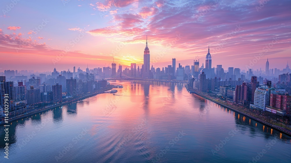 A stunning sunrise over a city skyline reflecting on the water. A stunning sunrise over a city skyline reflecting on the water.