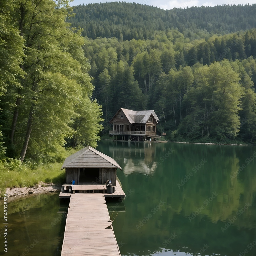 Obraz premium Rustic Wooden Lake House with Peaceful Atmosphere Among Forest Wilderness