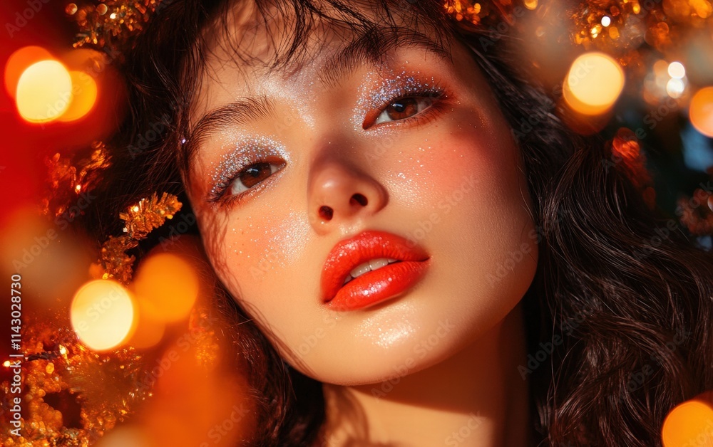 A chic Japanese woman with glittery silver eye makeup and warm coral lips, surrounded by a luxurious holiday setting with glowing garlands A chic Japanese woman with glittery silver eye makeup and warm coral lips, surrounded by a luxurious holiday setting with glowing garlands