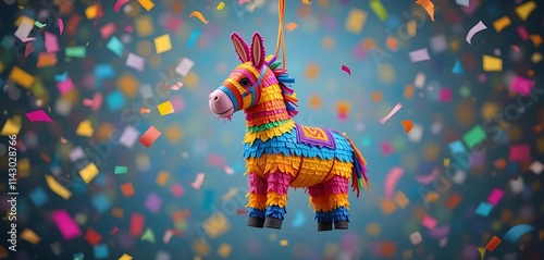 Colorful funny donkey pinata hanging against blurry background with falling confetti. 
