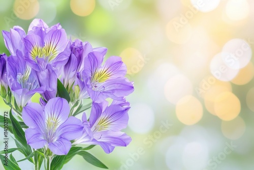 Purple Alstroemeria flowers gracefully dancing in a soft breeze with golden sunlight creating a serene bokeh background