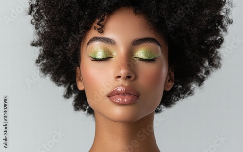 A chic woman with glittery green eyeshadow, subtle golden highlighter, and soft pink lips on a vibrant white background