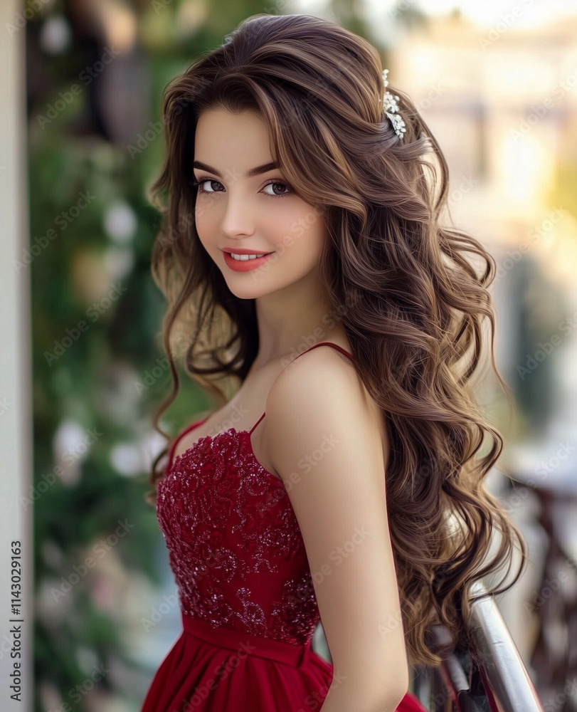 Woman in Red Prom Dress on Balcony at Summer Evening Woman in Red Prom Dress on Balcony at Summer Evening