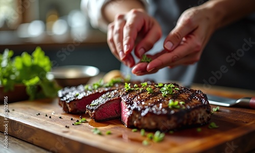 Juicy grilled steak wooden cutting board chef