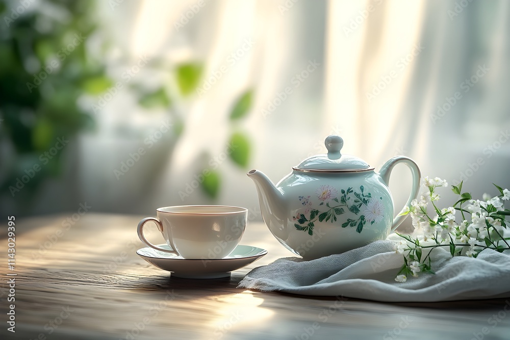 Tranquil minimalist still life with ceramic teapot and teacup - Generative AI Tranquil minimalist still life with ceramic teapot and teacup - Generative AI