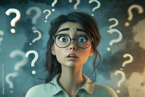 An animated woman with a question mark reflects confusion, symbolizing inner turmoil and the search for clarity in a complex world.