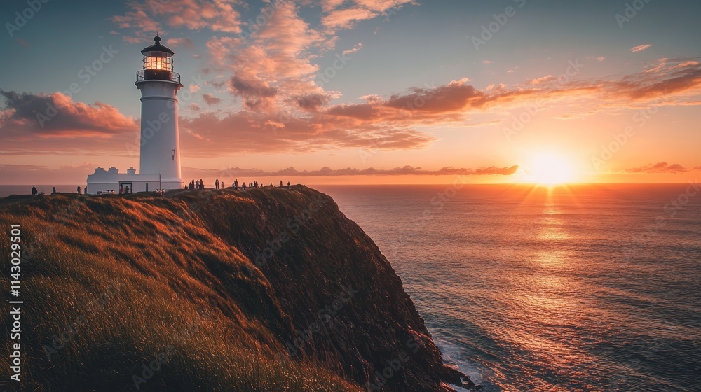 Naklejka premium Scenic white lighthouse on cliff against vibrant sunset with strolling visitors below