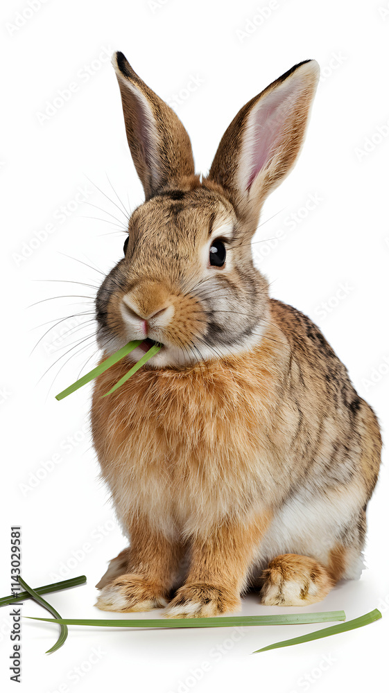 Fototapeta premium Brown rabbit munches grass on white background with curious upright ears Vertical Mobile Wallpaper