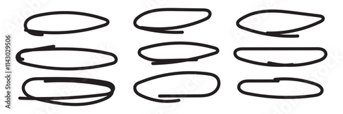 Handdrawn doodle circle highlights. Brush marker pen round ovals. Scribble horizontal ellipse inrounder. Round scrawl frames. Vector illustration of freehand painted circular note