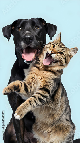 Playful dog and cat embrace, tongues out against light blue background Vertical Mobile Wallpaper