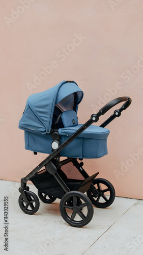 Blue baby stroller rests open against peach wall, accessory bag visible Vertical Mobile Wallpaper