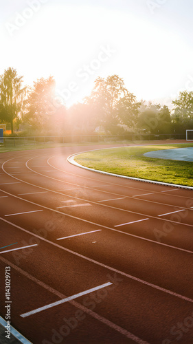 Athletic track glows under golden light, grassy fields visible in background Vertical Mobile Wallpaper