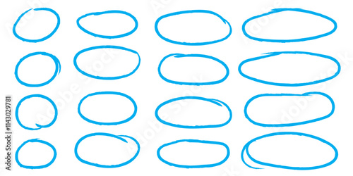 Handdrawn doodle circle highlights. Brush marker pen round ovals. Scribble horizontal ellipse inrounder. Round scrawl frames. Vector illustration of freehand painted circular note