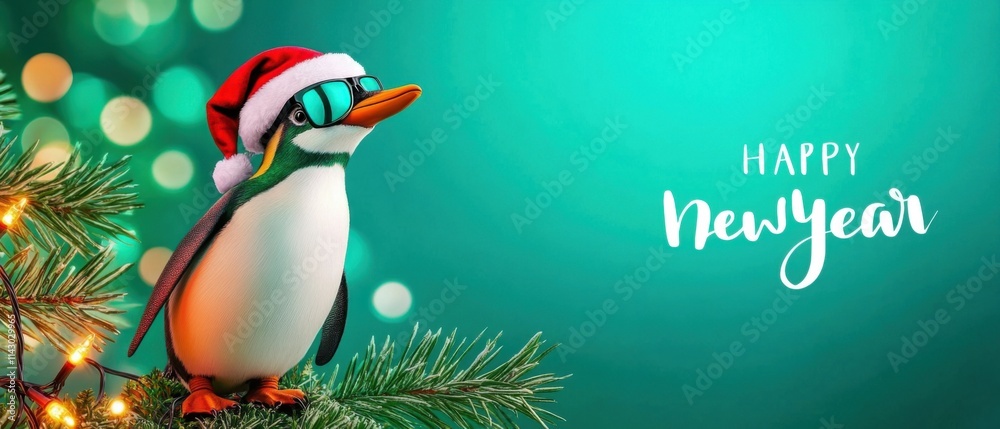 Naklejka premium Cool Penguin Celebrates Happy New Year Wearing Santa Hat and Sunglasses