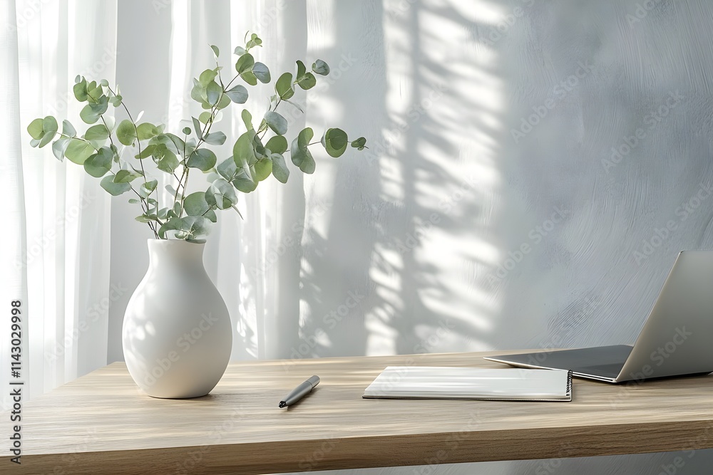 Serene minimalist workspace with wooden desk and eucalyptus decor - Generative AI