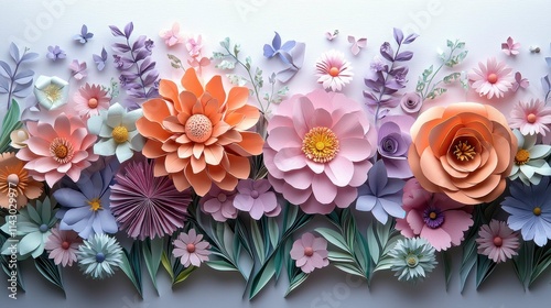 Wallpaper Mural A vibrant display of 3D floral paper art featuring various flowers in shades of pink, orange, and purple, showcasing intricate craftsmanship and design. Torontodigital.ca