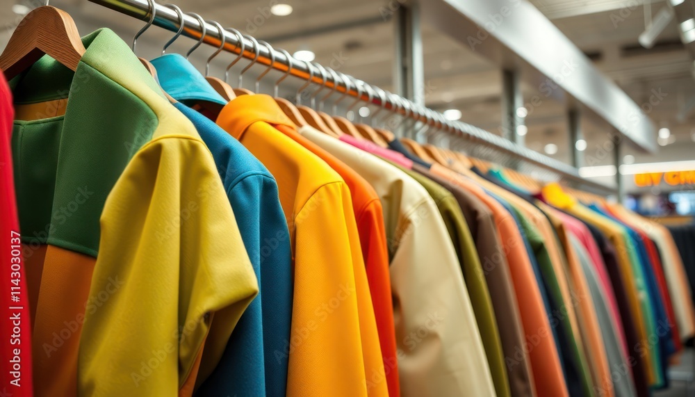 Colorful jackets and coats hang on racks in a store. Ready for customers to try on. Trendy apparel collection. Fashionable outerwear for spring summer and fall. Stylish designs. Diverse styles.