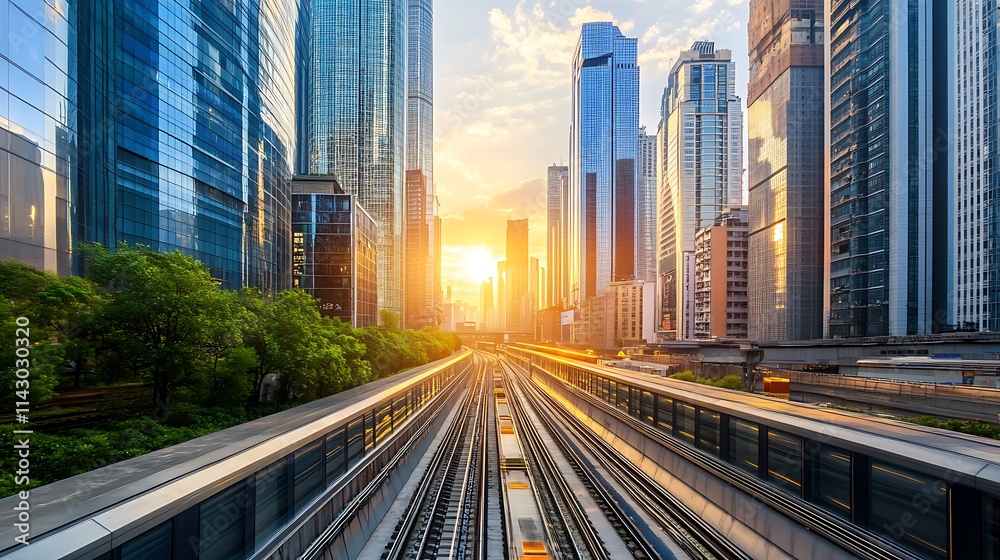 Fototapeta premium Elevated Train Tracks Through Modern City Skyline at Sunset