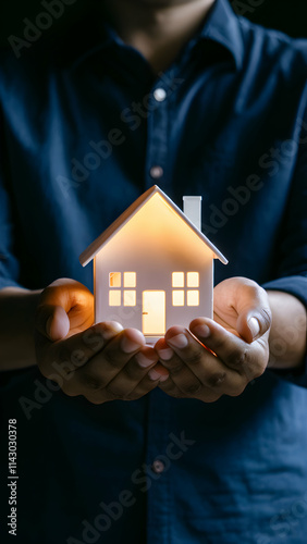 Hands cradle glowing miniature house against a dark background Vertical Mobile Wallpaper