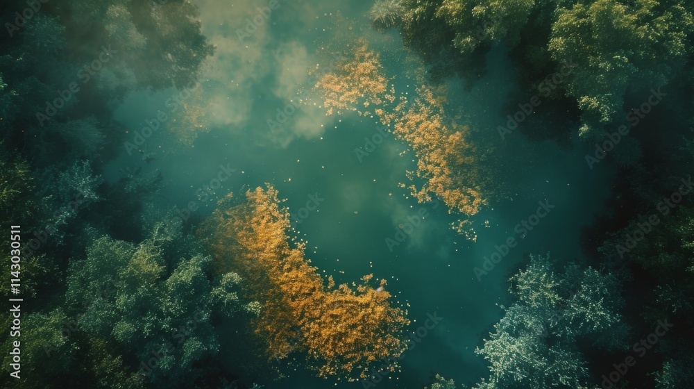 Obraz premium Aerial view of a tranquil lake surrounded by lush green forest and golden leaves floating on the water, capturing natural beauty and serenity. AI generated.