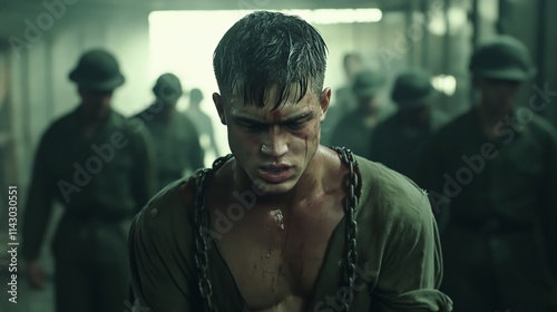 A heart-wrenching scene of a man with shorn hair, chains on his wrists, dragged by soldiers, his face filled with regret
