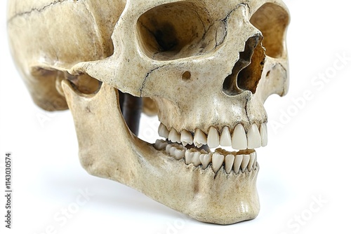 Side view of human skull on white backdrop