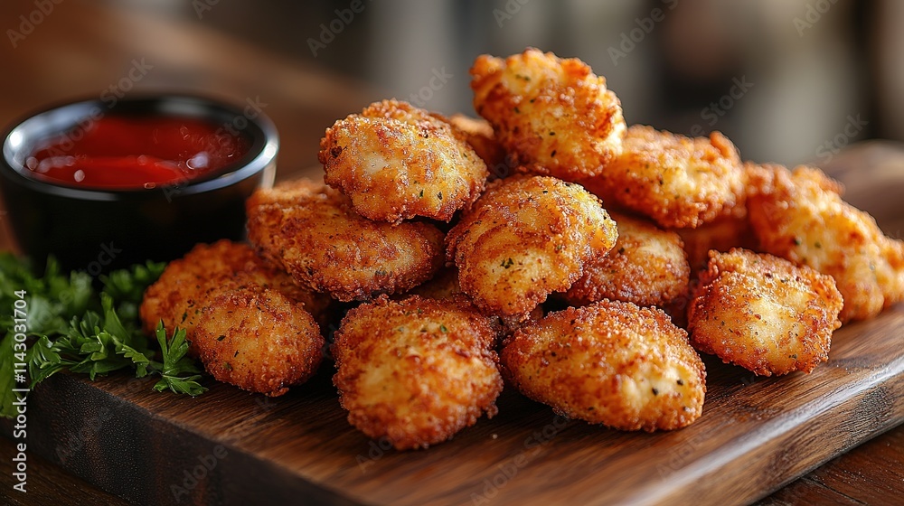 Breaded chicken strips or nuggets with two kinds of sauces and fried potatoes on a wooden Board. Fast food on dark brown background. with copy space Breaded chicken strips or nuggets with two kinds of sauces and fried potatoes on a wooden Board. Fast food on dark brown background. with copy space