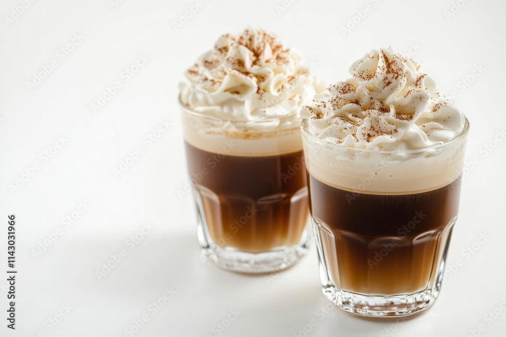 Espresso con panna or Vienna coffee. Two shots of espresso with whipped cream. Close up view on white background Espresso con panna or Vienna coffee. Two shots of espresso with whipped cream. Close up view on white background