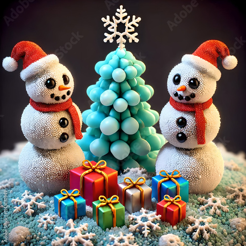 Decoración navideña en microcosmos por átomos y nano partículas, con árbol navideño, regalos y muñecos de nieve.