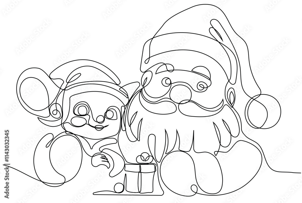 Fototapeta premium One continuous line drawing Santa Claus on reindeer and sled. concept for Christmas and New Year. Vector illustration