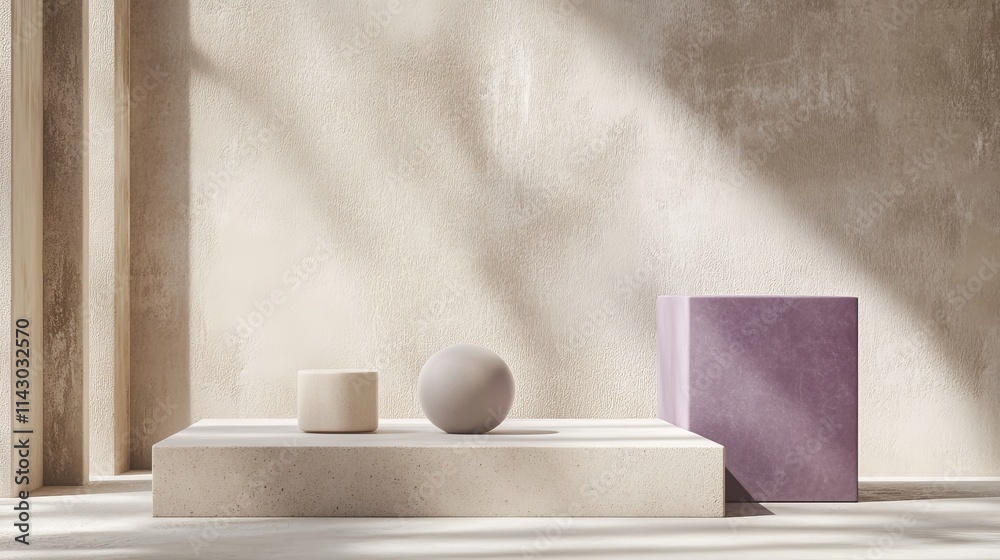 Minimalist 3D scene features a violet cube and box podium against a neutral backdrop. Natural hues and geometric shapes lend an abstract touch. Minimalist 3D scene features a violet cube and box podium against a neutral backdrop. Natural hues and geometric shapes lend an abstract touch.