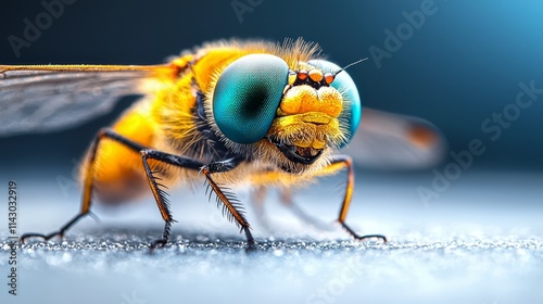 A close up of a fly with blue eyes