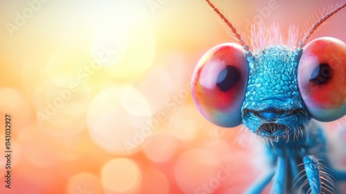 A close up of a blue dragonfly with red eyes