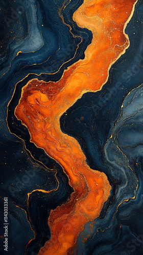 Pastel liquid hydrodip marble shiny texture pattern in orange and navy blue.