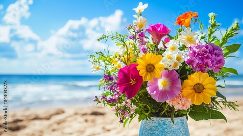 A vase filled with colorful flowers on a beach