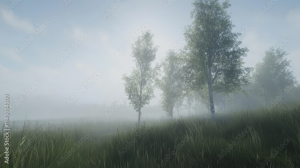 A foggy field with tall grass and trees in the distance A foggy field with tall grass and trees in the distance
