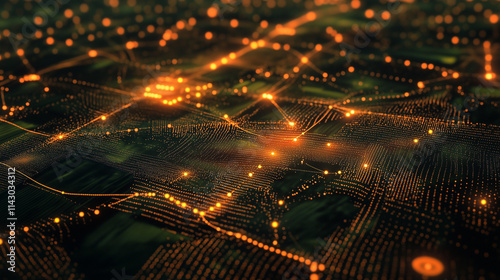 Aerial satellite view with data info points and lines on roads and fields.