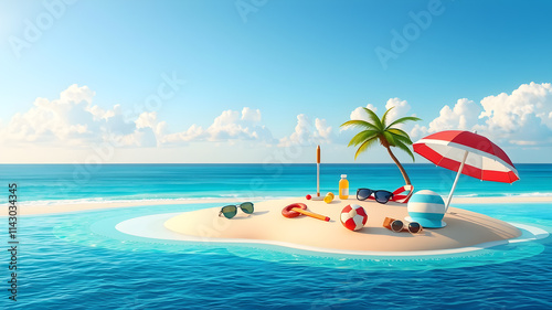 3D Realistic Summer Vacation Design for Travel with Summer Items on Sand Beach Island on Horizon. Vector Illustration. Generative AI
