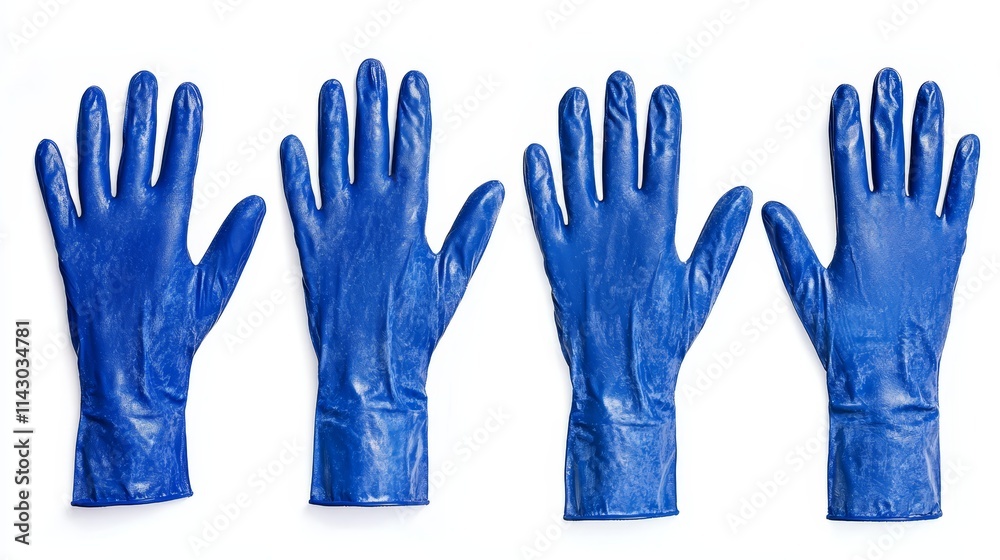 Fototapeta premium A row of blue rubber gloves on a white background